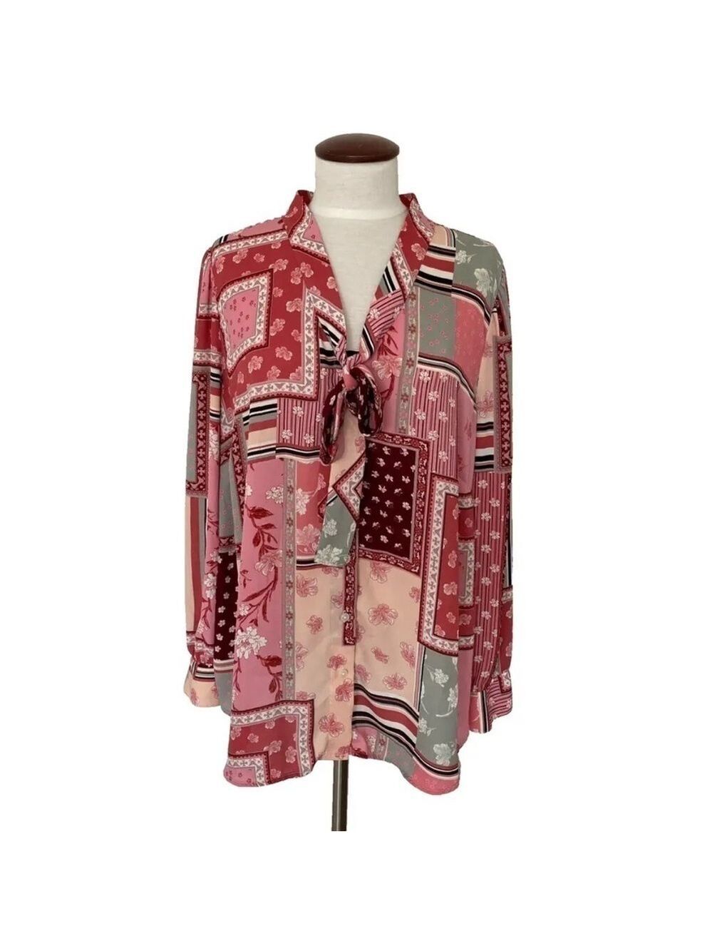TALBOTS Plus Blouse Womens 2X Top Floral Long Sleeve Pink White Gray